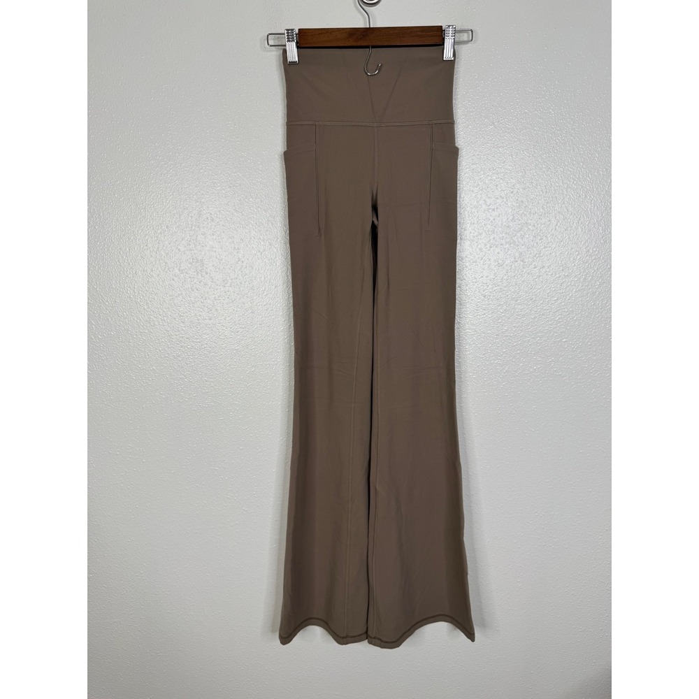 Athleta Salutation Stash Flare Pant Taupe Brown High Rise Yoga XXS 465607-07